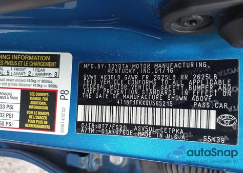 2016 Toyota Camry Se from USA, damaged, VIN 4T1BF1FKXGU565215